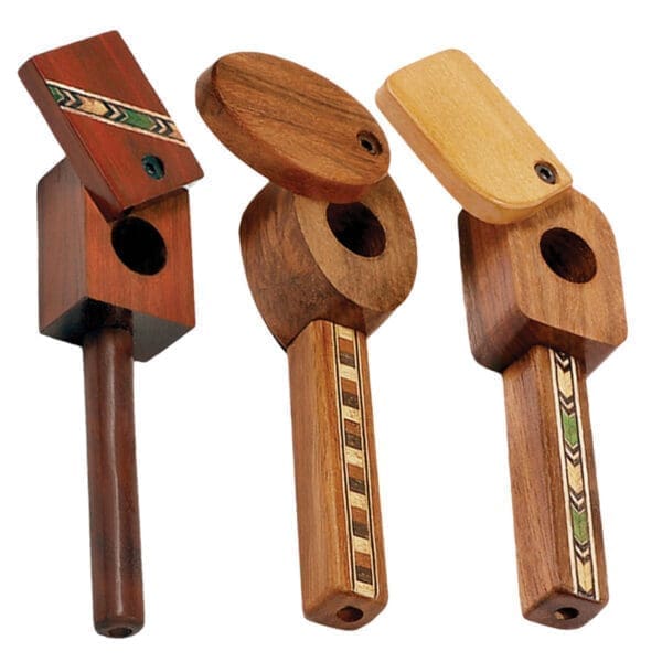 Marquee Inlaid Wood Spoon Pipe w/ Swivel Lid | 4" | Styles Vary | BluntPark.com