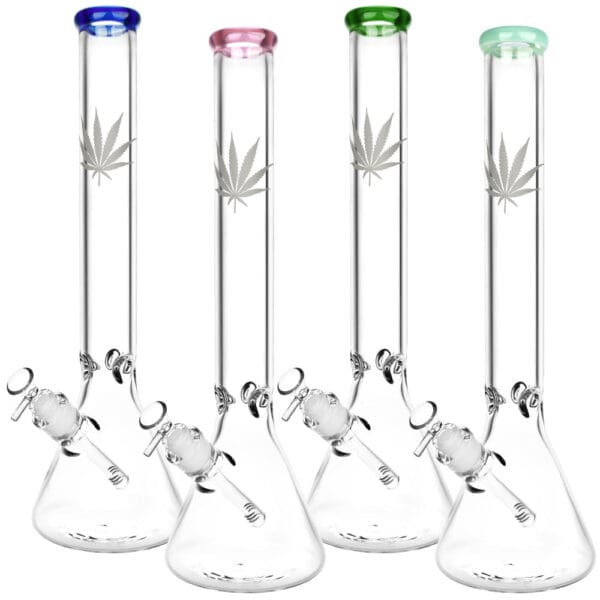 Silver Hemp Leaf Glass Beaker Water Pipe | 14mm F | Colors Vary - Image 3