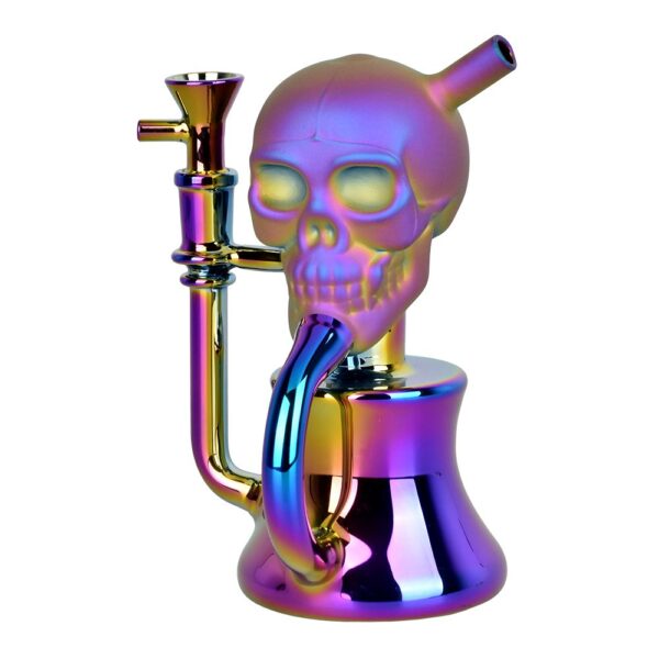 Solemn Skull Electroplated Glass Recycler Water Pipe - 6.75" / 14mm F / Colors Vary - Image 3