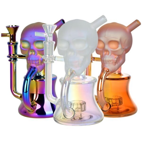 Solemn Skull Electroplated Glass Recycler Water Pipe - 6.75" / 14mm F / Colors Vary