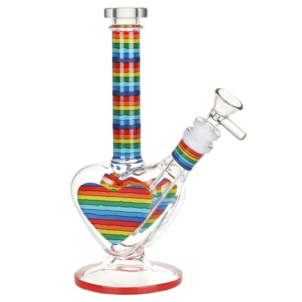 Rainbow Striped Heart Glass Water Pipe - 8.5" / 14mm F