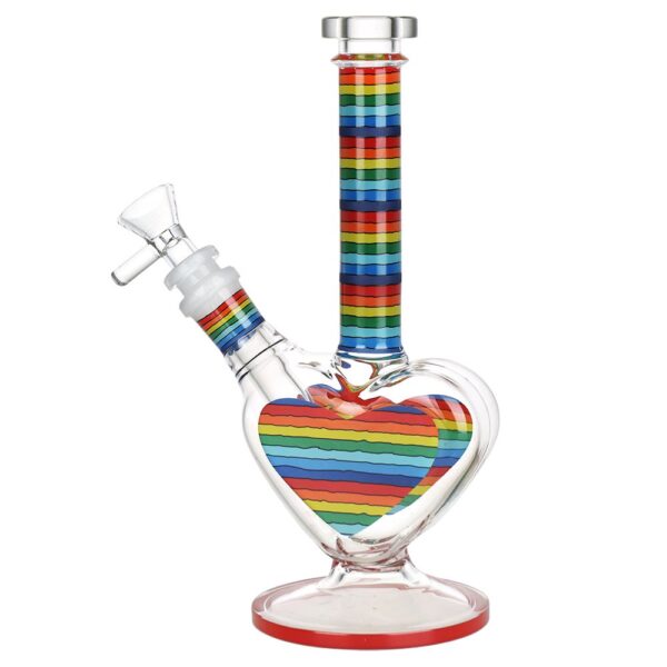 Rainbow Striped Heart Glass Water Pipe - 8.5" / 14mm F - Image 2