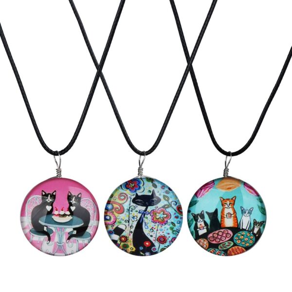 Cat Round Glass Pendant Necklace - 18" / Designs Vary