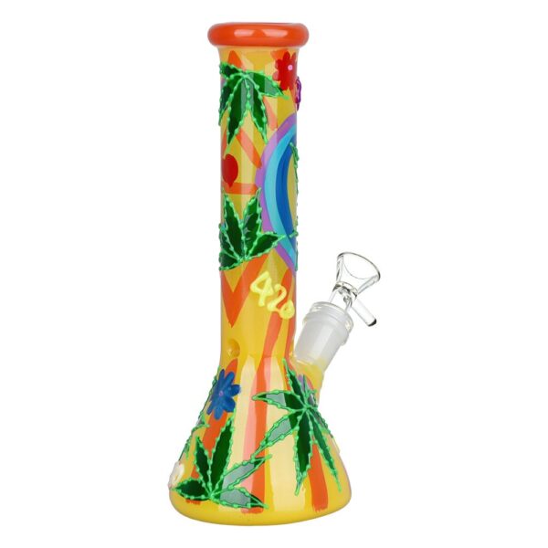 420 Hemp Leaf Glow In The Dark Beaker Glass Water Pipe - 9.25" / 14mm F - Image 2