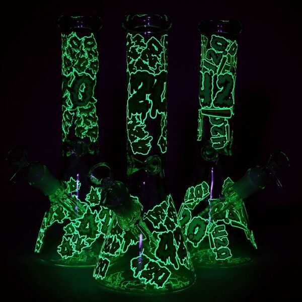 420 Clouds Glow In The Dark Beaker Glass Water Pipe - 10" / 14mm F / Colors Vary - Image 4