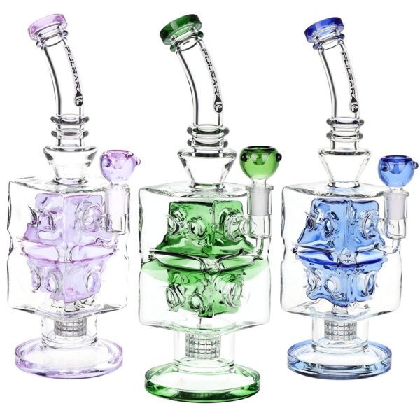 Pulsar Double Swiss Perc Blocks Glass Water Pipe - 12.5" / 14mm F / Blue - Image 4