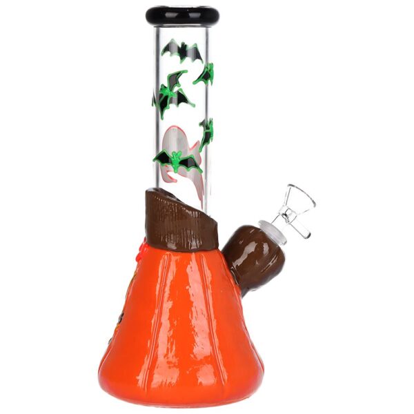 Bats 'n' Ghouls Jack-O-Lantern Glow in Dark Glass Water Pipe - 10" / 14mm F - Image 2
