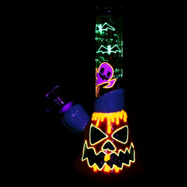 Bats 'n' Ghouls Jack-O-Lantern Glow in Dark Glass Water Pipe - 10" / 14mm F - Image 3