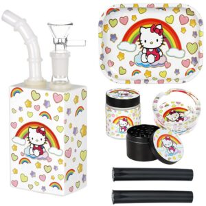 Cute Kitty Juicebox Glass Water Pipe Smoker's Travel Kit - 7" / 14mm F / Rainbow Kitty